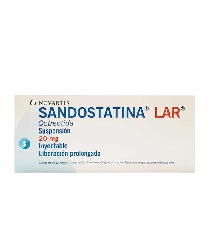 Caja de Sandostatina Lar 20 mg (Octreotida) de Novartis para tratamiento oncológico